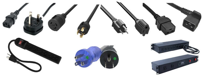 Assortment of power cables and rack power accessories